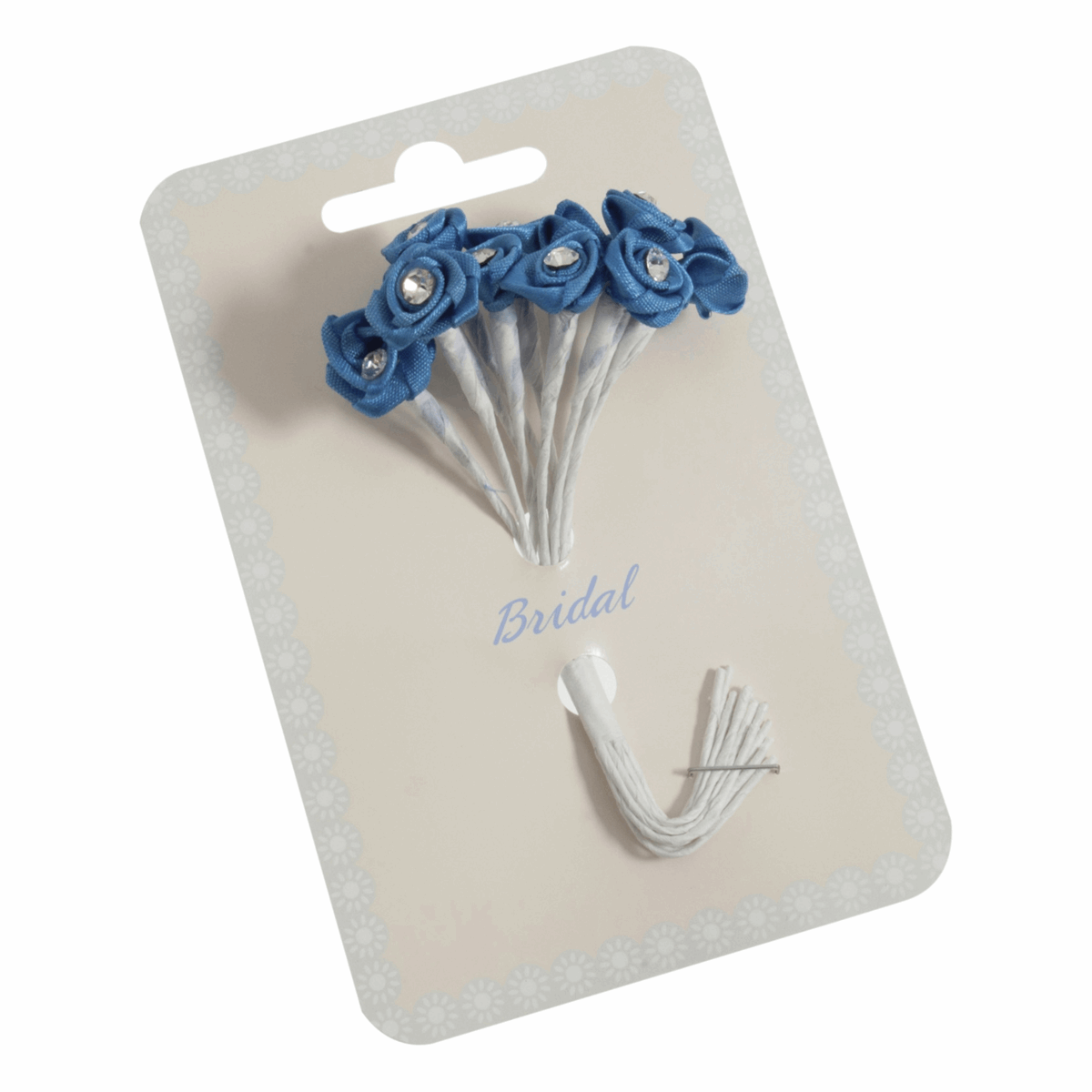Royal Blue Ribbon Rose Flower Stems with Diamante - 13mm (Pack of 12 Stems)